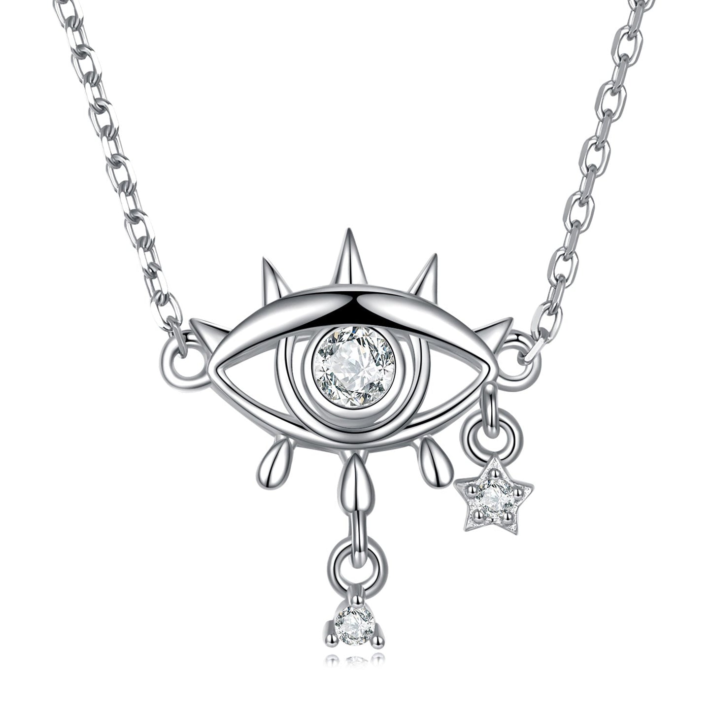 Silver necklace with eye-shaped pendant and star charm on a white background