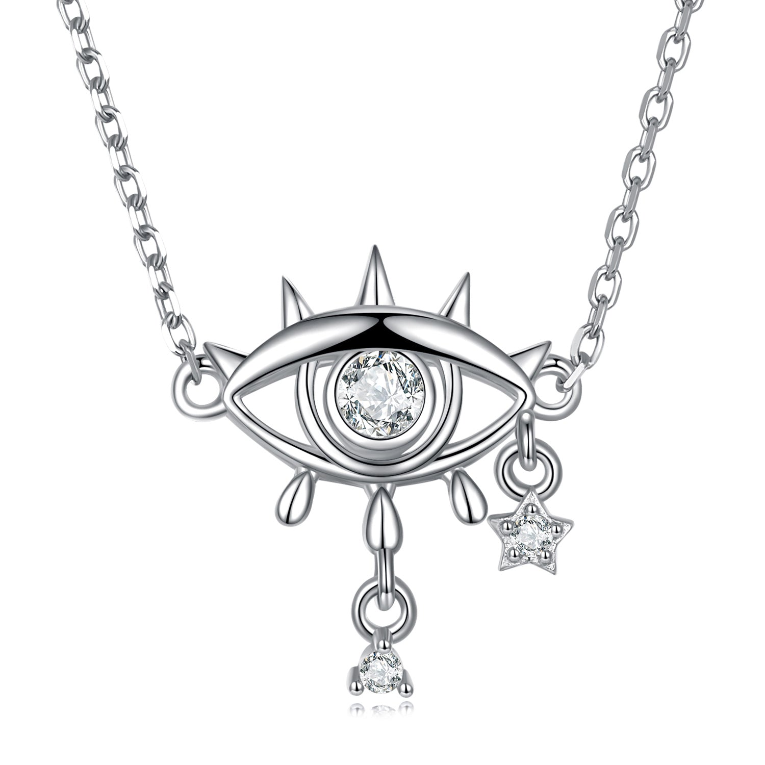 Silver necklace with eye-shaped pendant and star charm on a white background