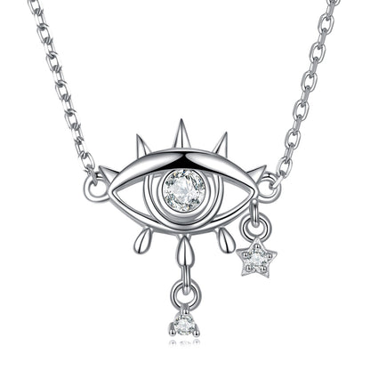 Silver necklace with eye-shaped pendant and star charm on a white background