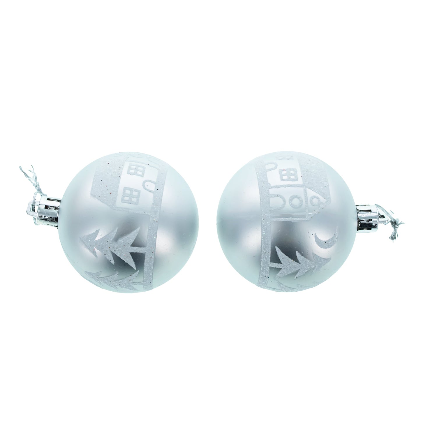 Two round silver plastic Christmas ornaments with white glitter house and tree designs on a white background.