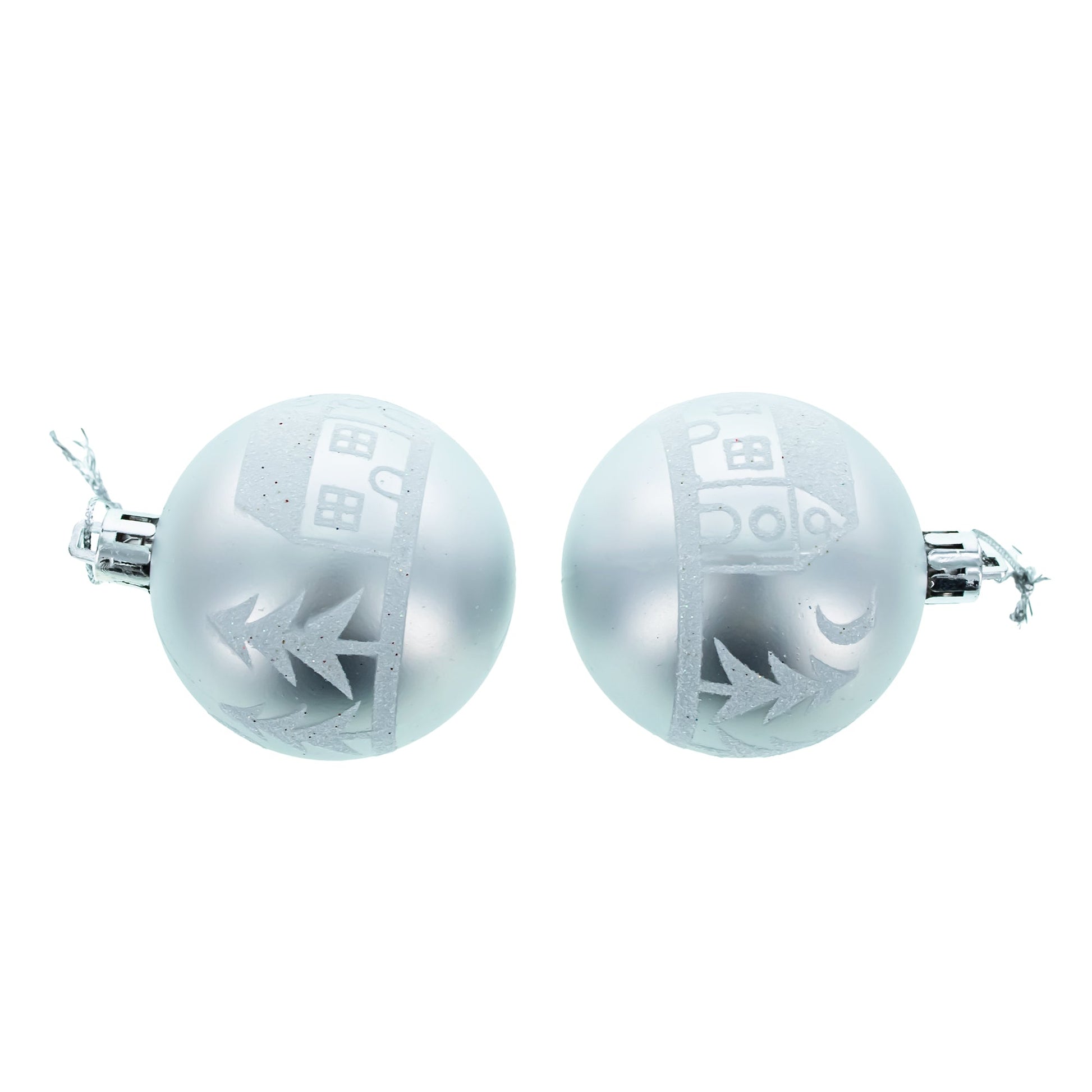 Two round silver plastic Christmas ornaments with white glitter house and tree designs on a white background.