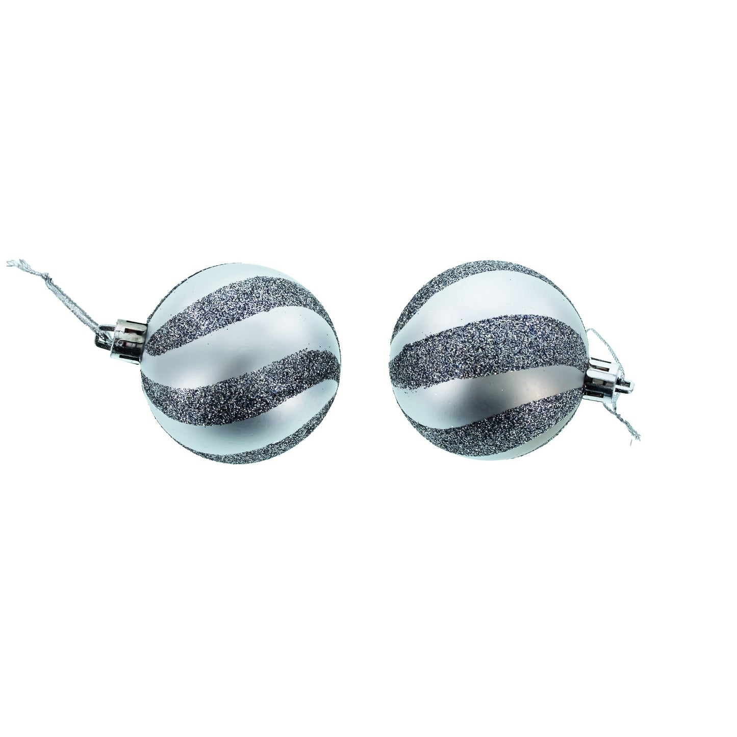 Two round silver plastic ornaments with glittery blue diagonal stripes and silver hanging strings on a white background.