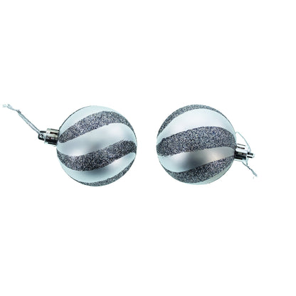 Two round silver plastic ornaments with glittery blue diagonal stripes and silver hanging strings on a white background.
