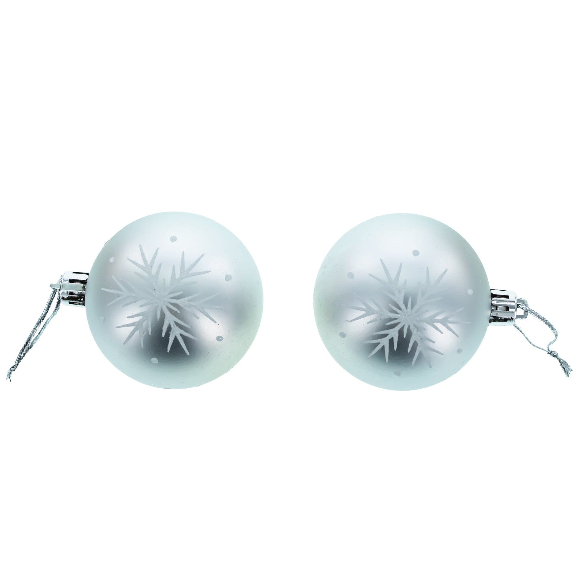 Two round silver plastic Christmas ornaments with snowflake designs and hanging strings on a white background.