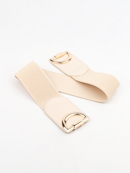 Two beige belts with gold buckles on a white background