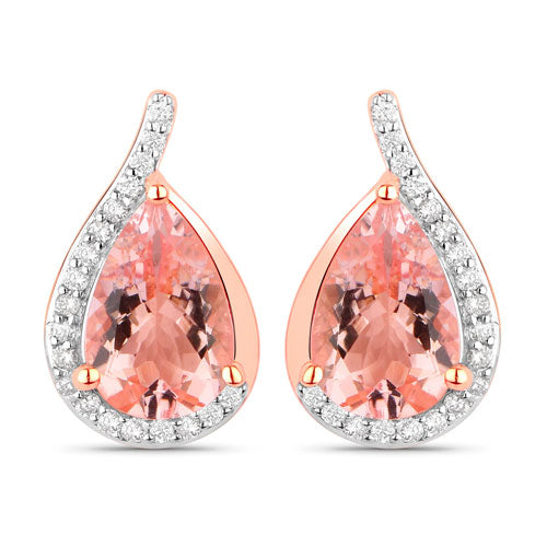Genuine Morganite and white diamond earrings in 14K rose gold, featuring pear-shaped stones and a sparkling halo design.