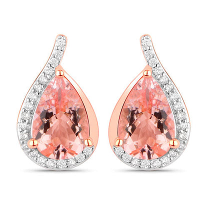 Genuine Morganite and white diamond earrings in 14K rose gold, featuring pear-shaped stones and a sparkling halo design.