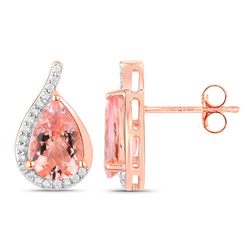 Genuine Morganite and white diamond 14K rose gold earrings, featuring a pear-shaped morganite surrounded by diamonds.