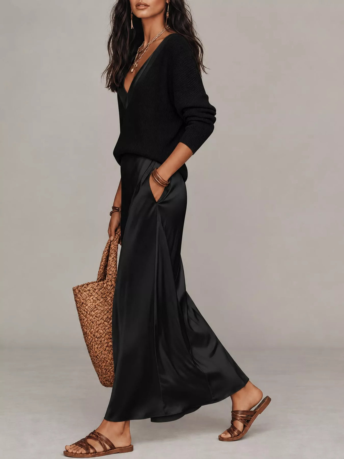 Side view of black ribbed V-neck top and satin midi skirt, showing the side pocket.