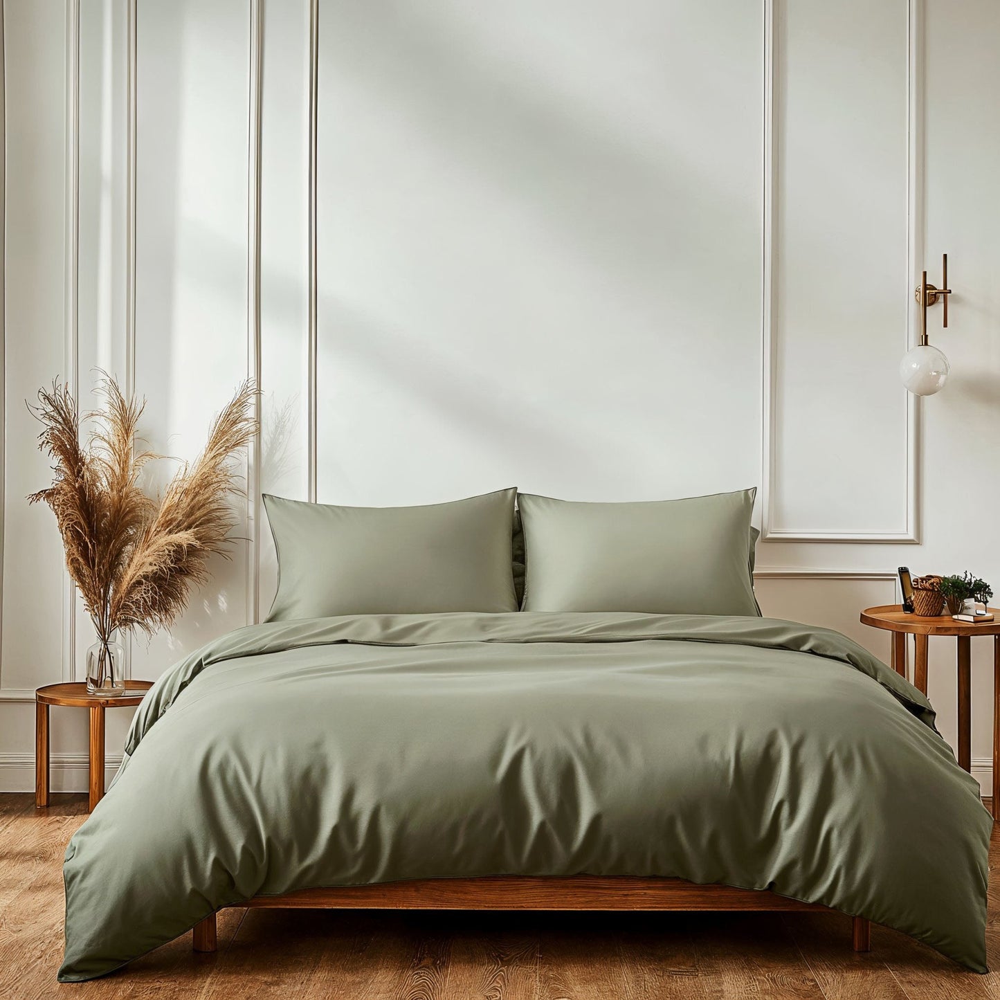 Green bedding set on a bed in a bedroom with decorative elements.
