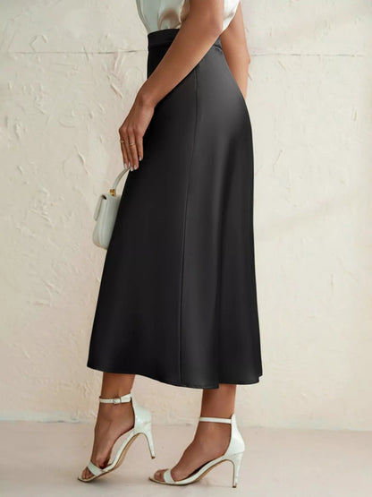 High Waist Black Satin Midi Skirt