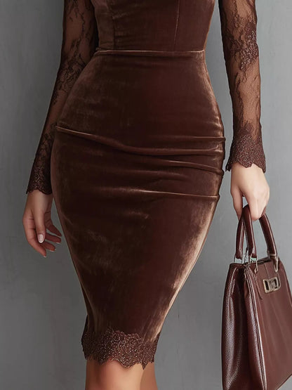 Model wearing a coffee-brown velvet bodycon dress with sheer long lace sleeves, a chest cutout and lace-trimmed hem