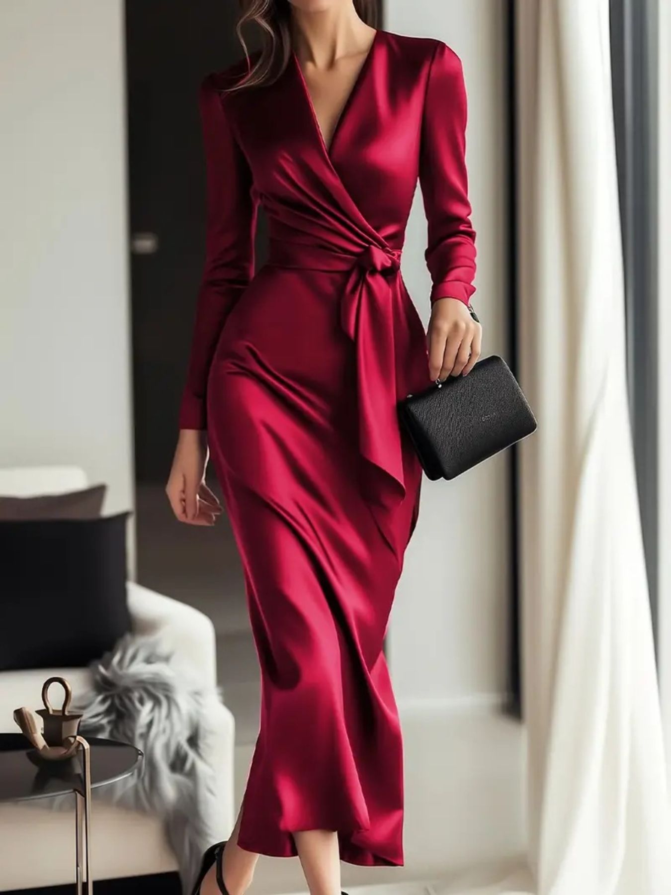 Woman wearing a red dress holding a black clutch in an indoor setting.