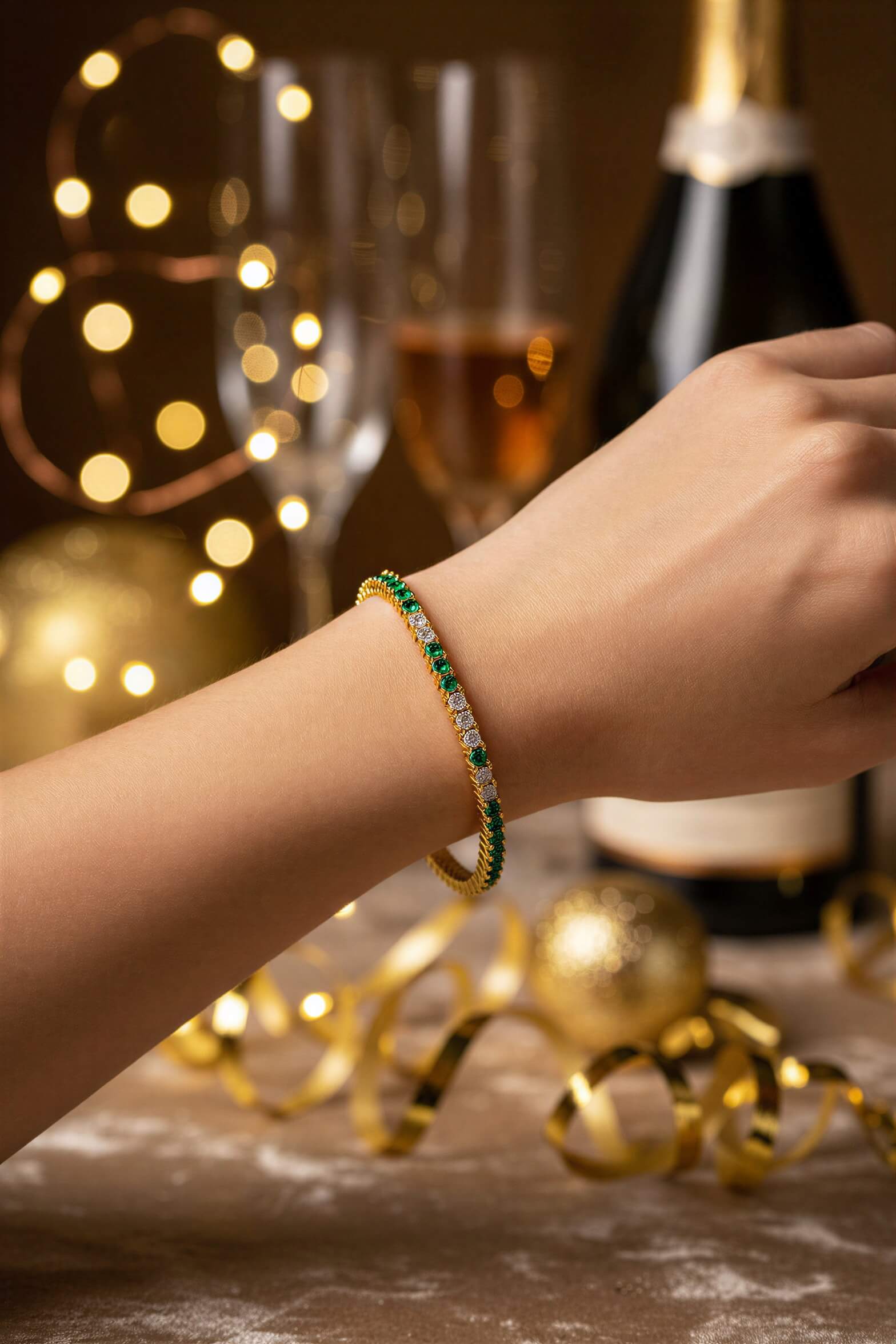 Gold bracelet with green and white gemstones  with party decor in the background.