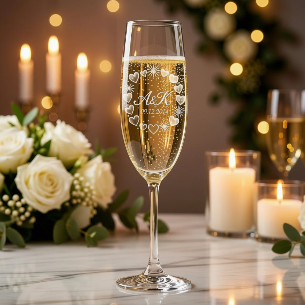 An engraved champagne flute filled with sparkling champagne, centered on a table with candles, flowers, and warm bokeh lights in the background. Text overlay reads: 'Engraved Champagne Flute — 8.