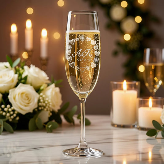 An engraved champagne flute filled with sparkling champagne, centered on a table with candles, flowers, and warm bokeh lights in the background. Text overlay reads: 'Engraved Champagne Flute — 8.