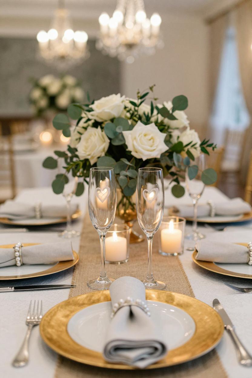 A beautifully set dining table featuring white roses and eucalyptus floral centerpieces, gold-rimmed plates, white napkins with pearl rings, and lit candles in glass holders, set in a warmly lit event space.