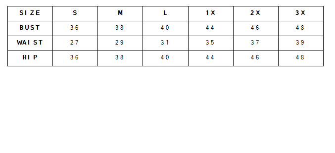 Size chart for bust, waist, and hip measurements with size labels S, M, L, 1X, 2X, 3X.