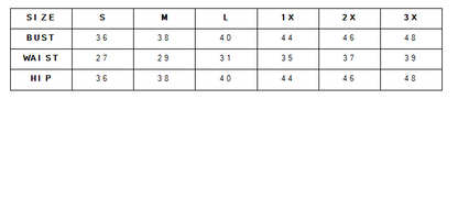 Size chart for bust, waist, and hip measurements with size labels S, M, L, 1X, 2X, 3X.