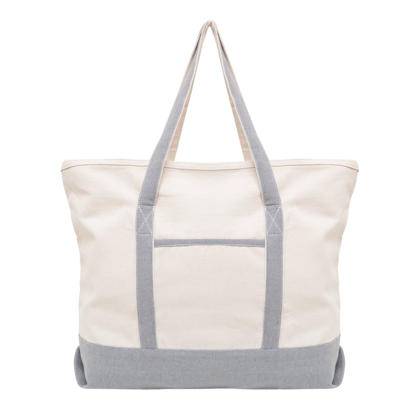 White tote bag with gray straps and trim on a white background