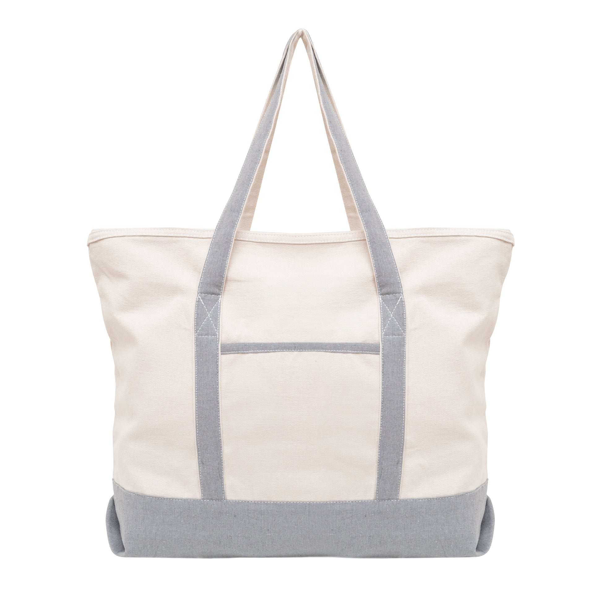 White tote bag with gray straps and trim on a white background