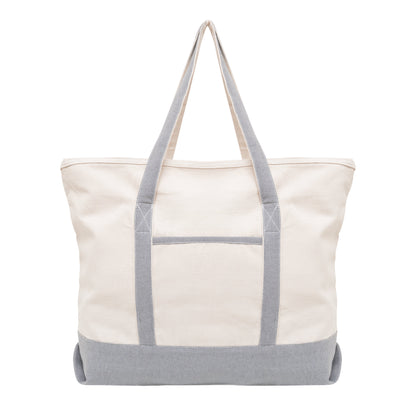 White tote bag with gray straps and trim on a white background