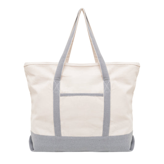 White tote bag with gray straps and trim on a white background