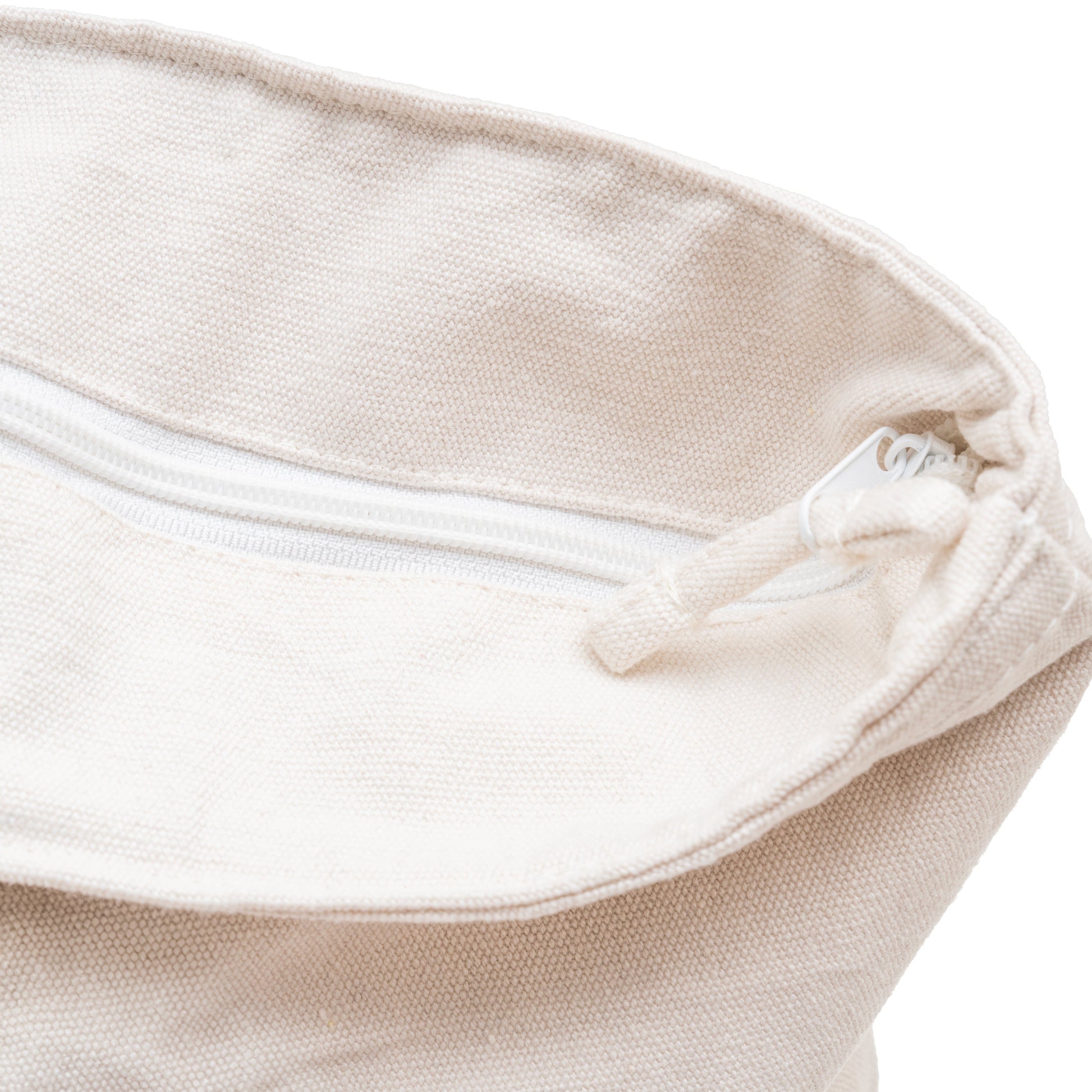 Close-up of zipper on canvas tote bag.