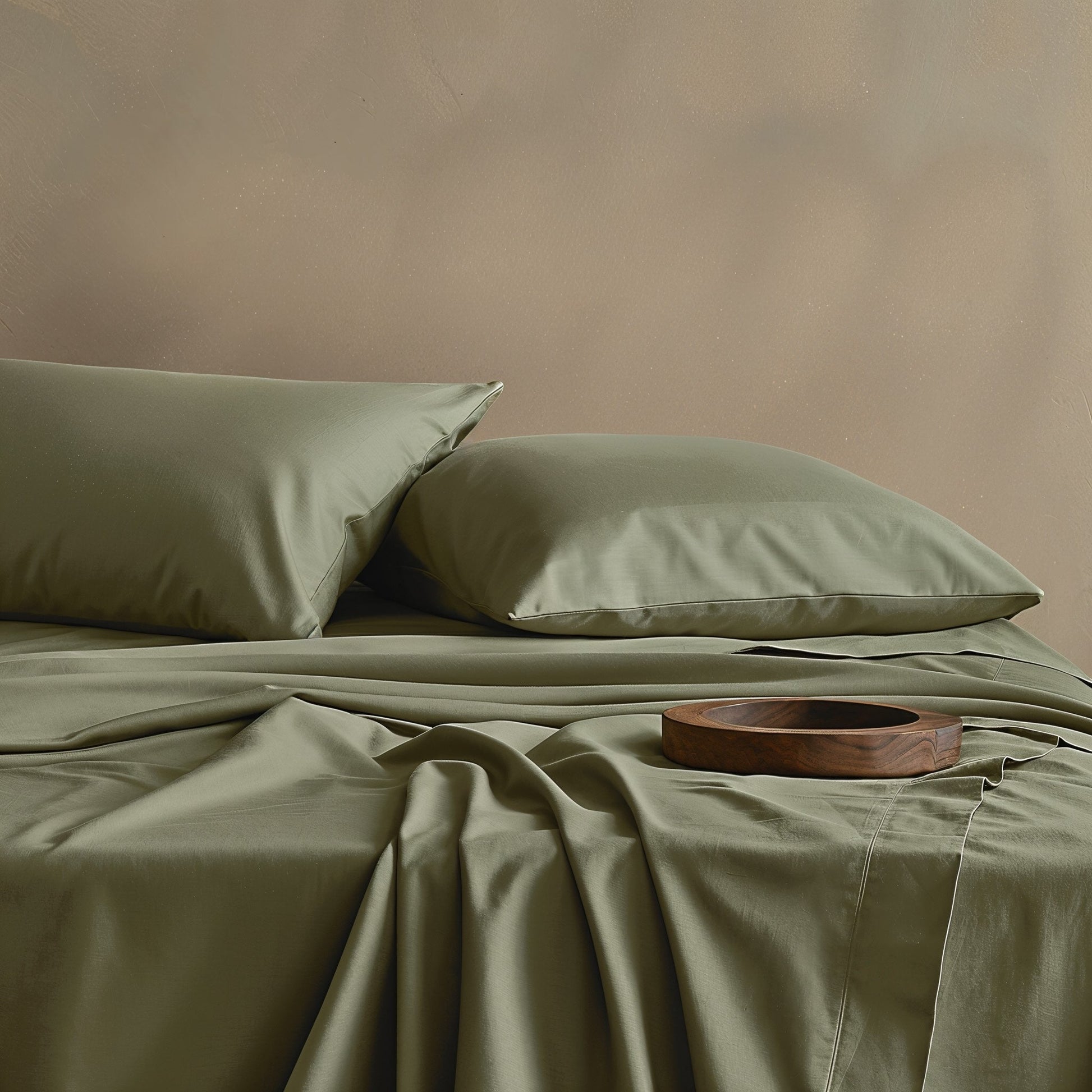 Green bed sheets and pillows on a bed with a wooden tray on a beige background