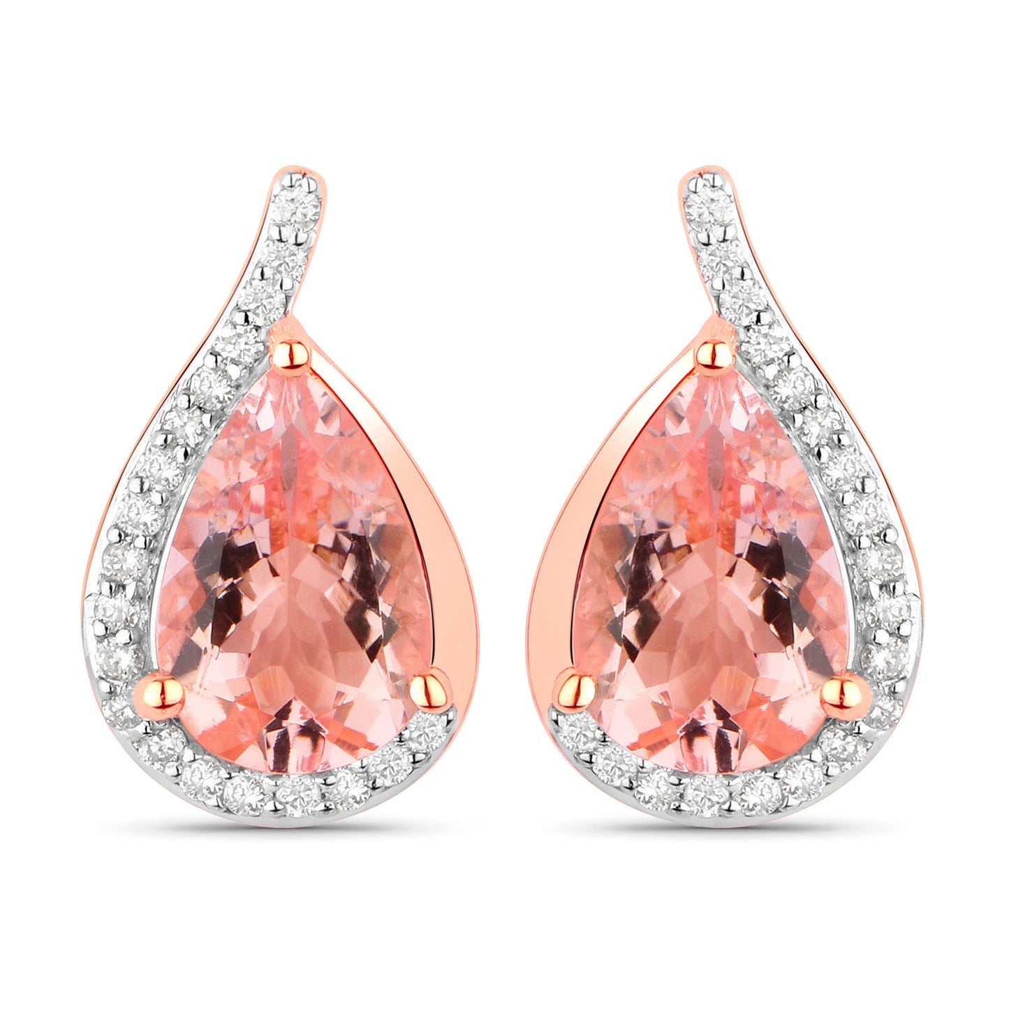 Genuine Morganite and white diamond earrings in 14K rose gold, featuring a teardrop design with sparkling accents.
