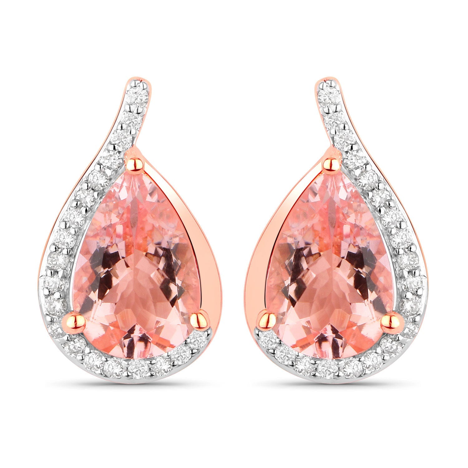 Genuine Morganite and white diamond earrings in 14K rose gold, featuring a teardrop design with sparkling accents.