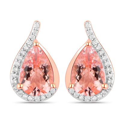 Genuine Morganite and white diamond earrings in 14K rose gold, featuring a teardrop design with sparkling accents.