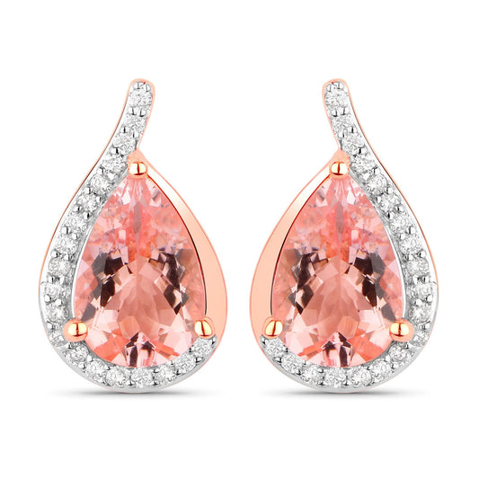 Genuine Morganite and white diamond earrings in 14K rose gold, featuring a teardrop design with sparkling accents.