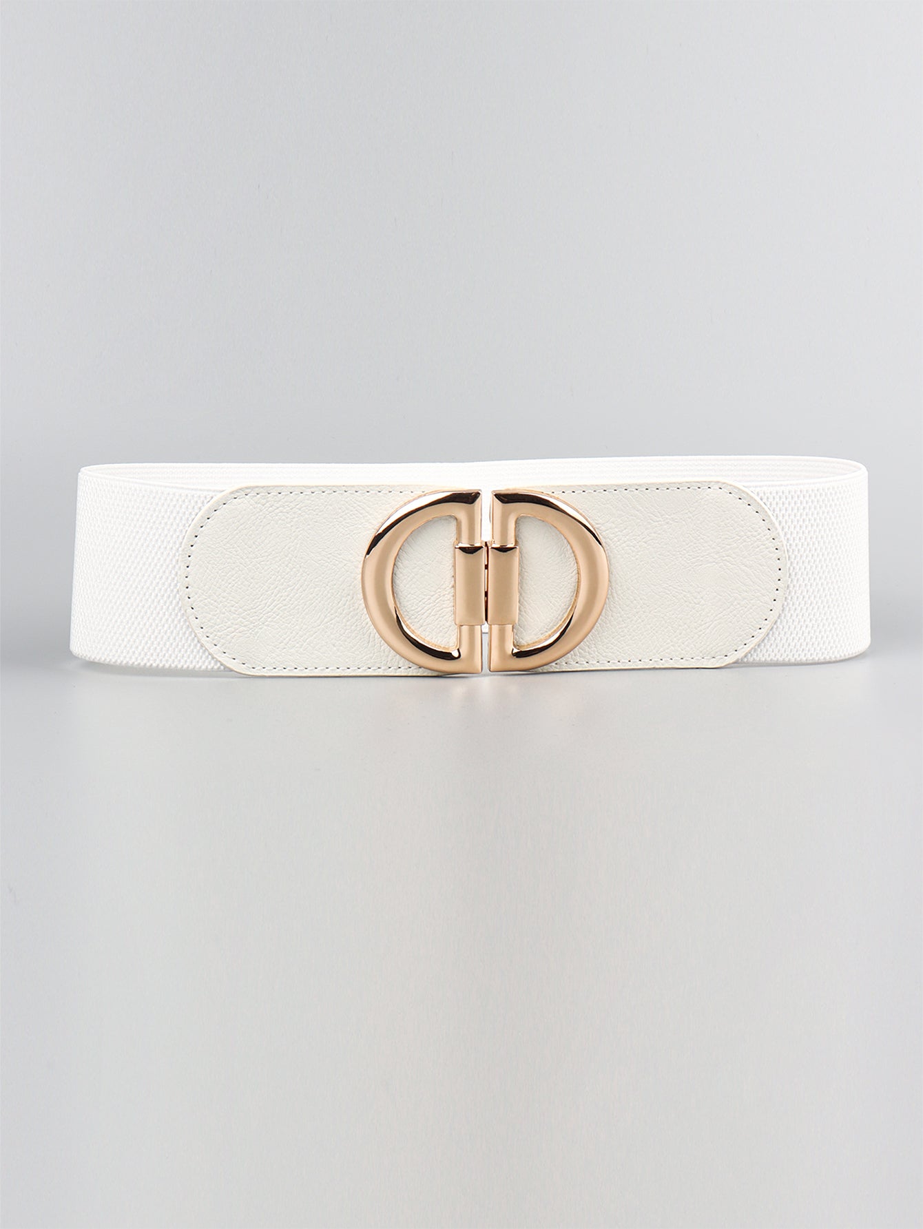 White belt with a gold buckle on a light gray background
