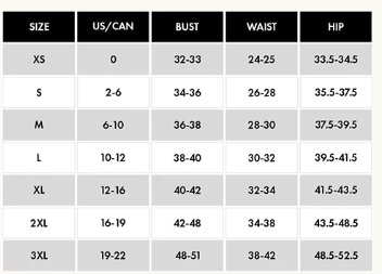A size chart table with columns labeled SIZE, US/CAN, BUST, WAIST, and HIP, showing rows forXS through 3XL in a light gray and white grid.