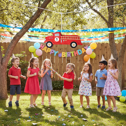 Red fire truck-shaped piñata hanging outdoors at a child's birthday party
