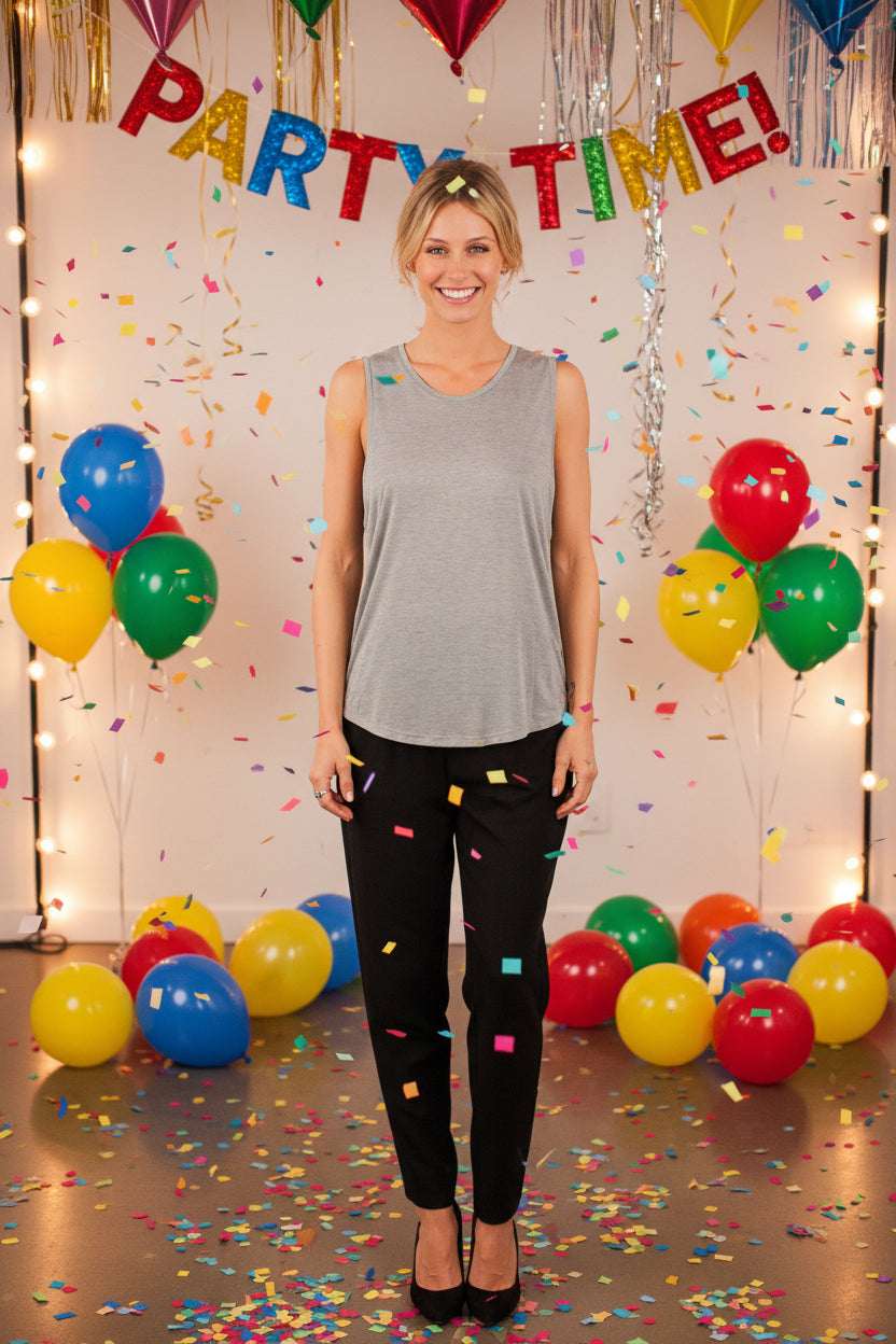 A woman modeling a light heather gray sleeveless scoop-neck tank top with black pants, photographed against a solid white background.