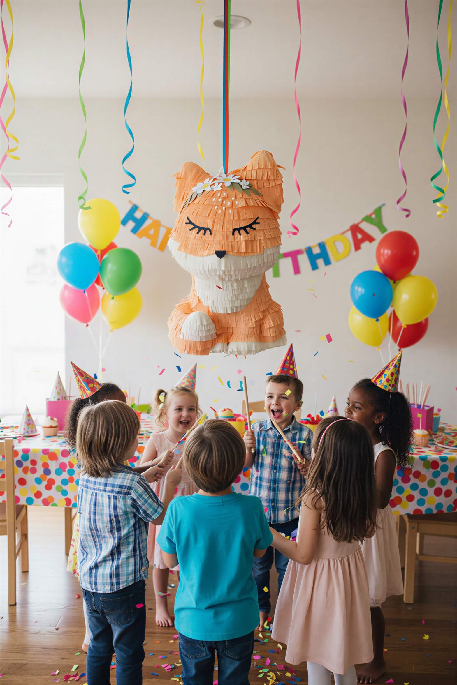 Fox-shaped piñata with orange and white layers on a beige background