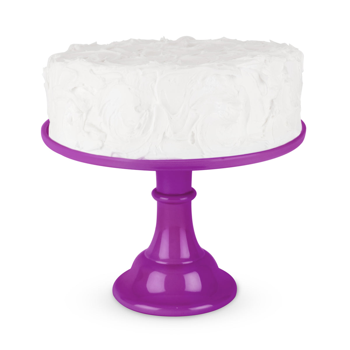 White frosted cake on a purple cake stand against a white background