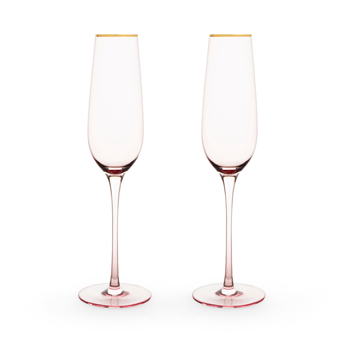 Two pink champagne flutes with gold rims on a white background