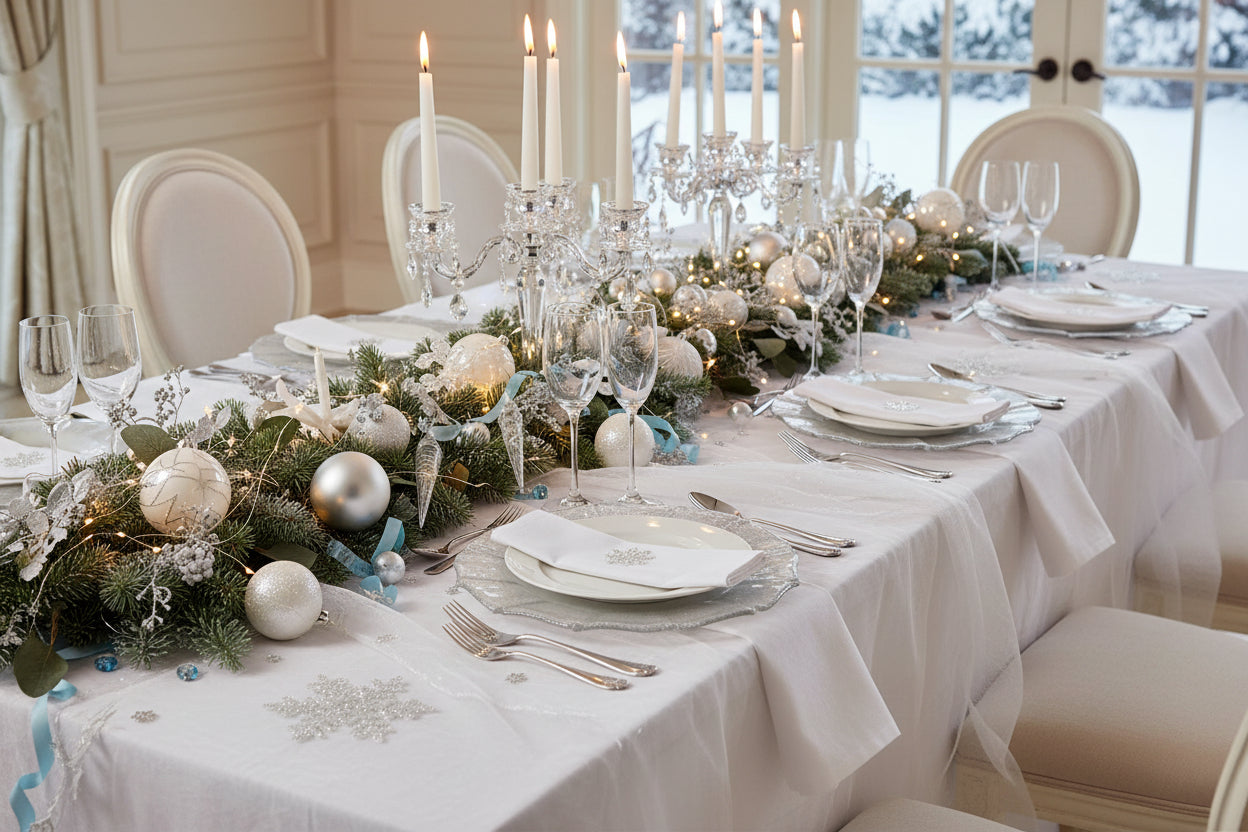 White glass charger plates on  winter wonderland tablescape.