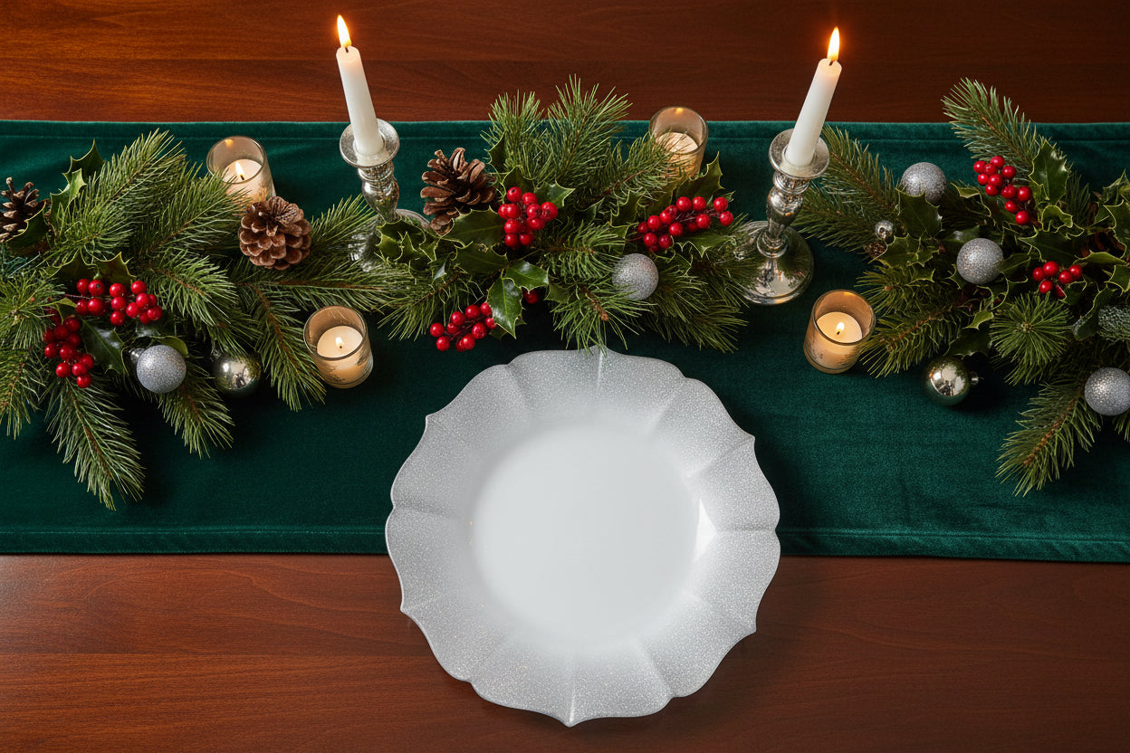 White glass charger plate on a dinning table with a Christmas holiday theme.