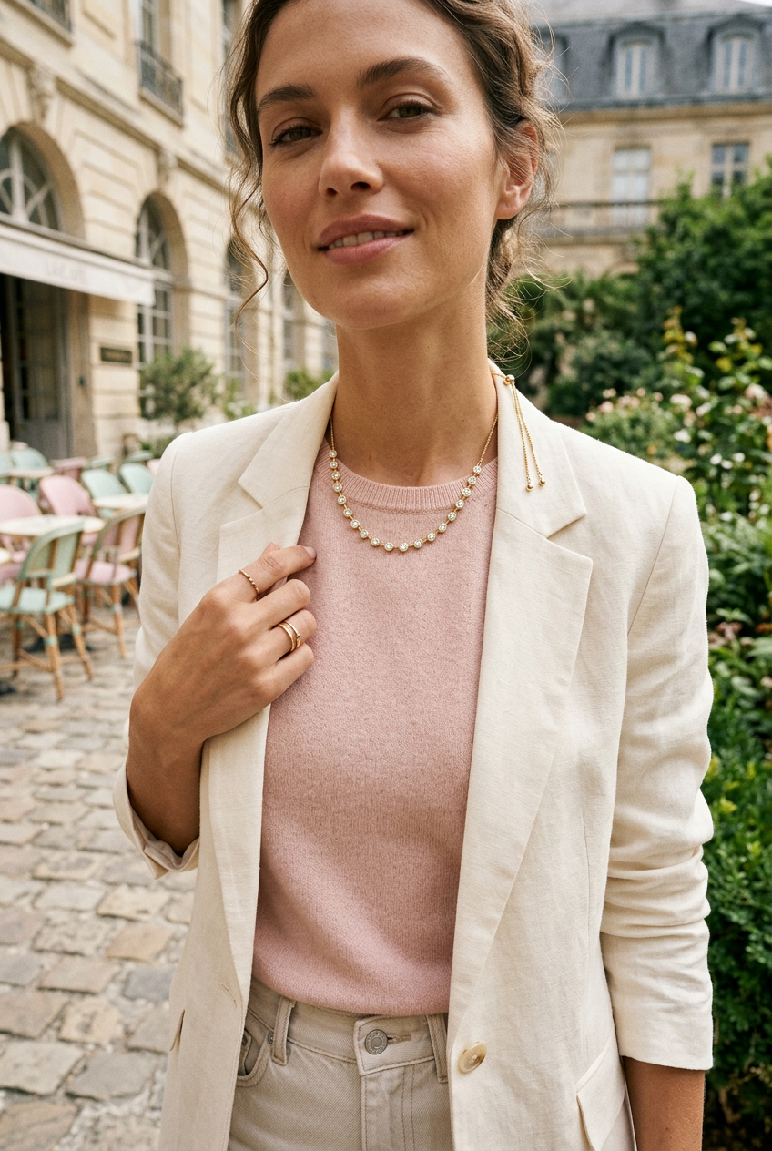 Model wearing the gold Lora bezel-set CZ necklace with a blush top and cream blazer outdoors.
