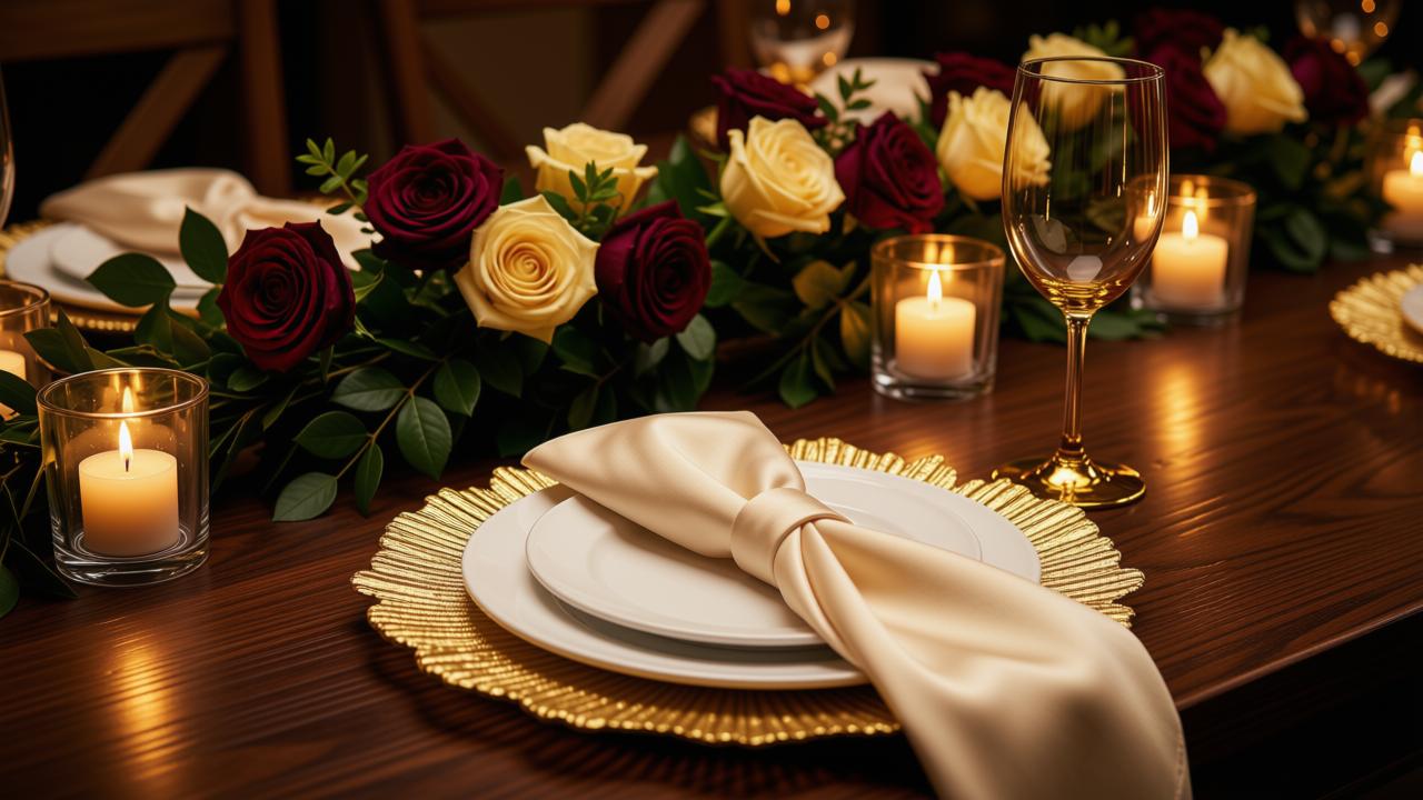A candle lit tablescape featuring a gold charger plate.
