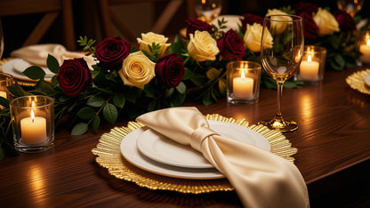 A candle lit tablescape featuring a gold charger plate.