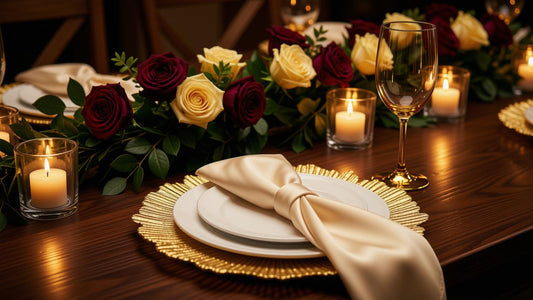 A candle lit tablescape featuring a gold charger plate.