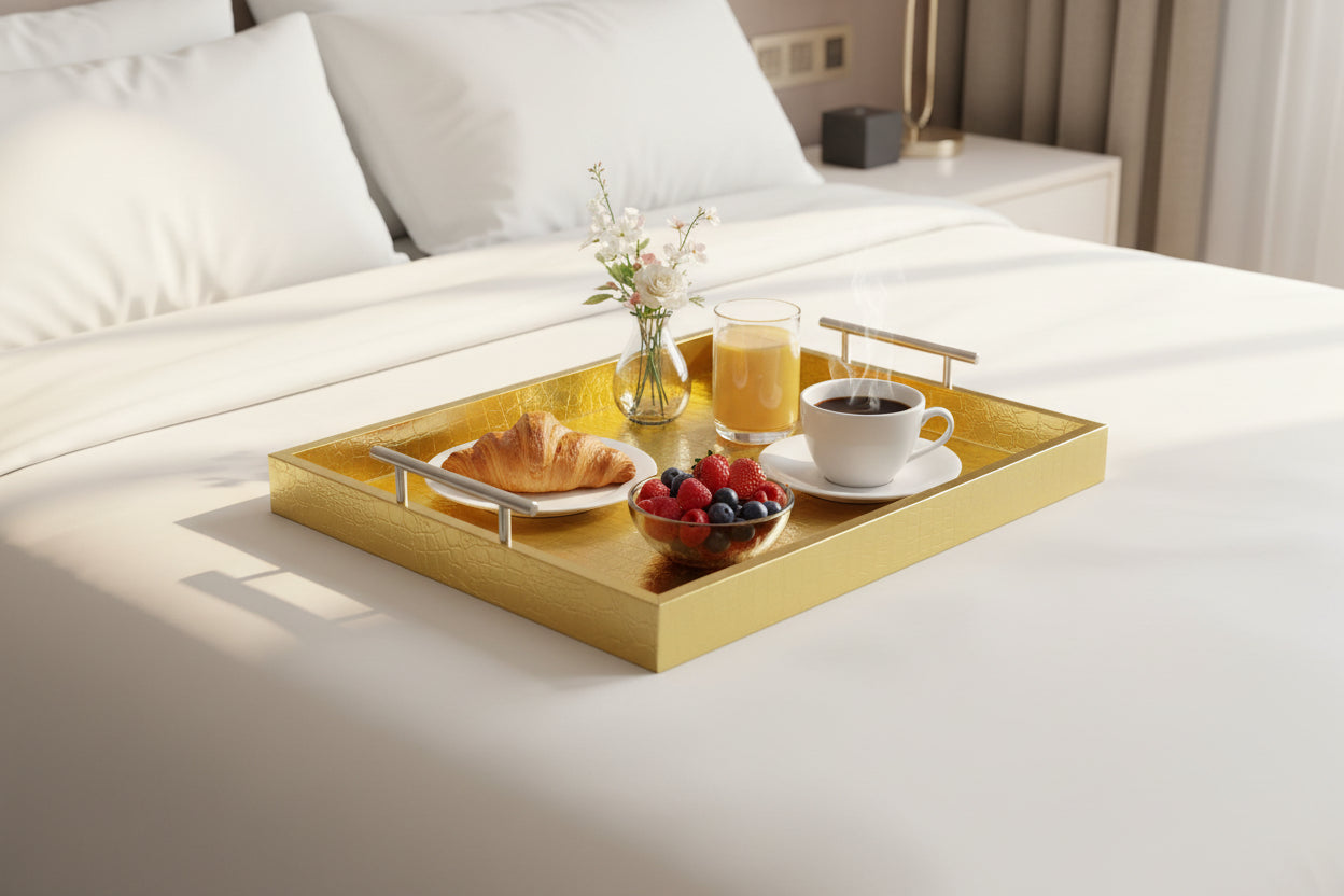 Gold tray with handles on a white bed with breakfast served.