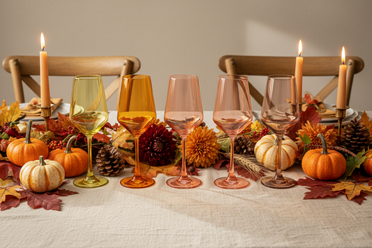 Six colored wine glasses in yellow, orange, peach, and pink shades, arranged in a row against a solid white background.