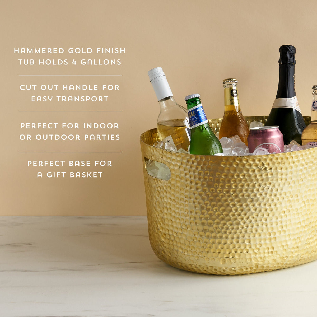 Gold beverage tub filled with drinks and ice, with text highlighting its 4-gallon capacity, cut-out handles, party use, and gift-basket styling.