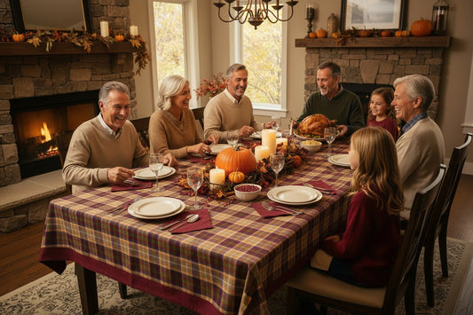 A tablecloth featuring a classic tartan plaid pattern in mustard yellow, dark green, and deep purple with thin white intersecting lines, shown in a dining room setting for a family meal.